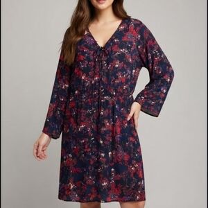 Ava & Viv Navy Red Floral Long Sleeve Lace-Up Dress Plus Boho Career Size 2XL